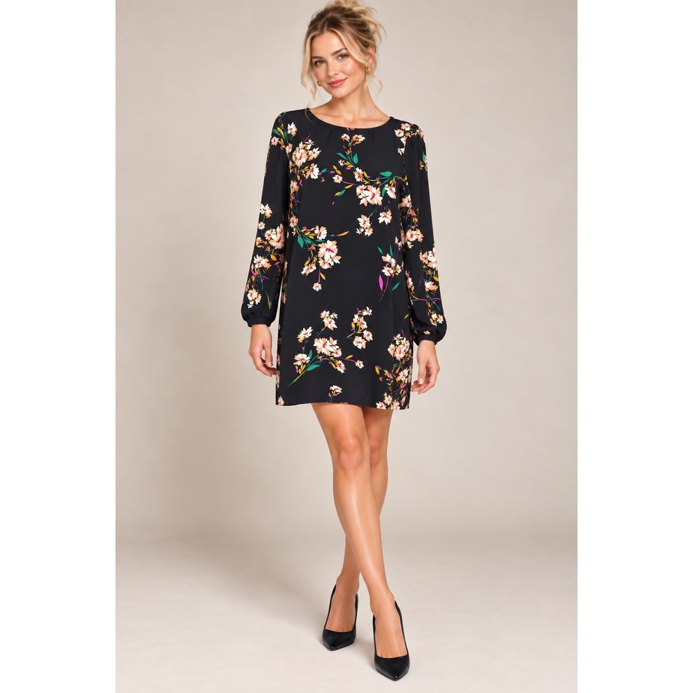 Lulus Herbaceous Babe Navy Blue Floral Print Shift Dress Long Sleeve Medium